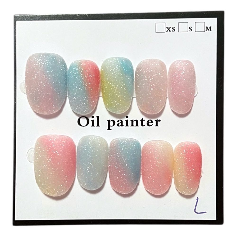 Stylish Handmade Multicolor Rainbow Sugar Oval Shape Press-On Nails Size L